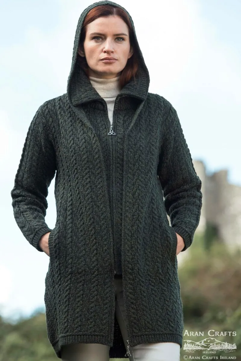 Aran Crafts Hooded Zip Coat | Green