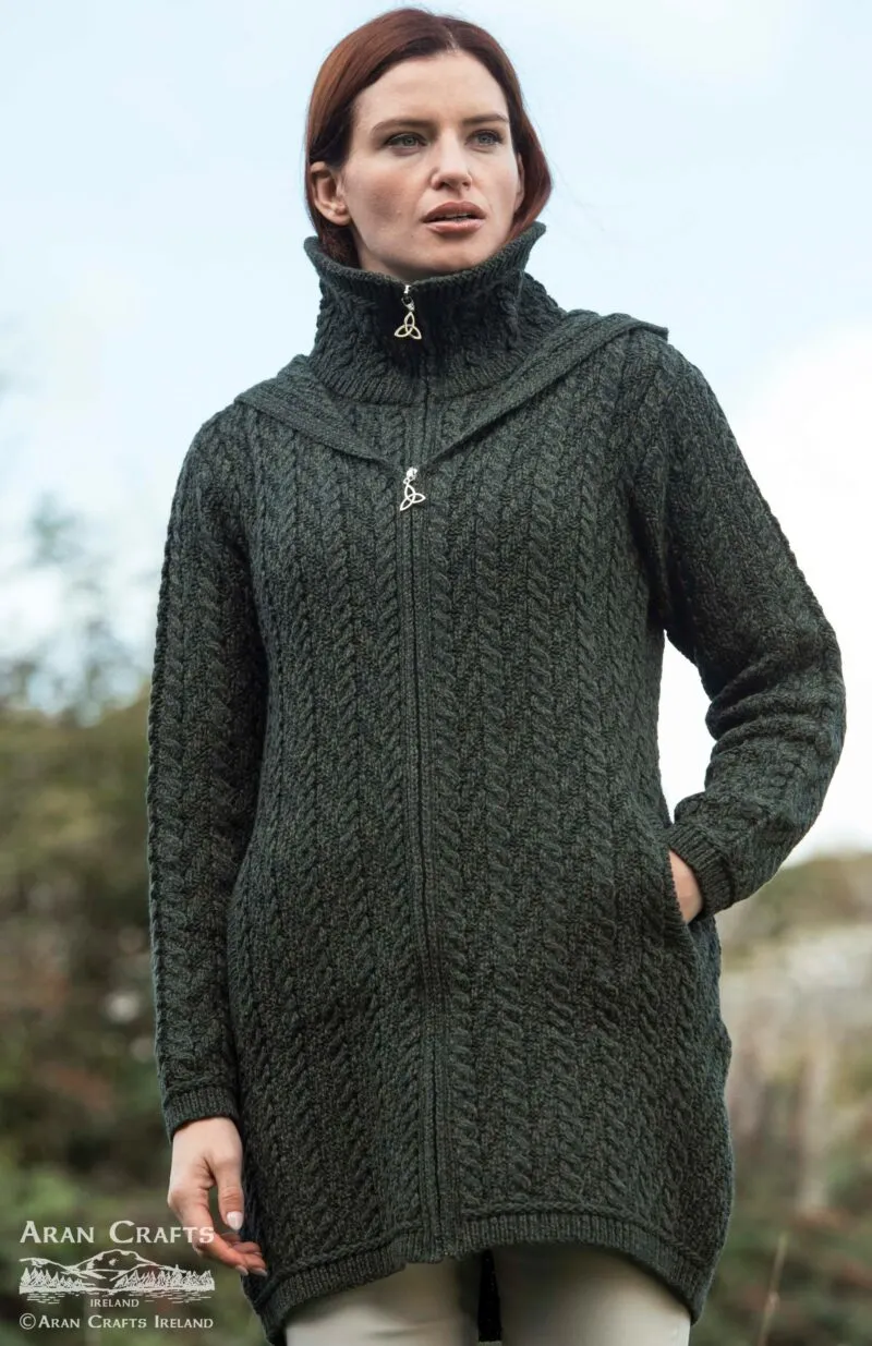 Aran Crafts Hooded Zip Coat | Green