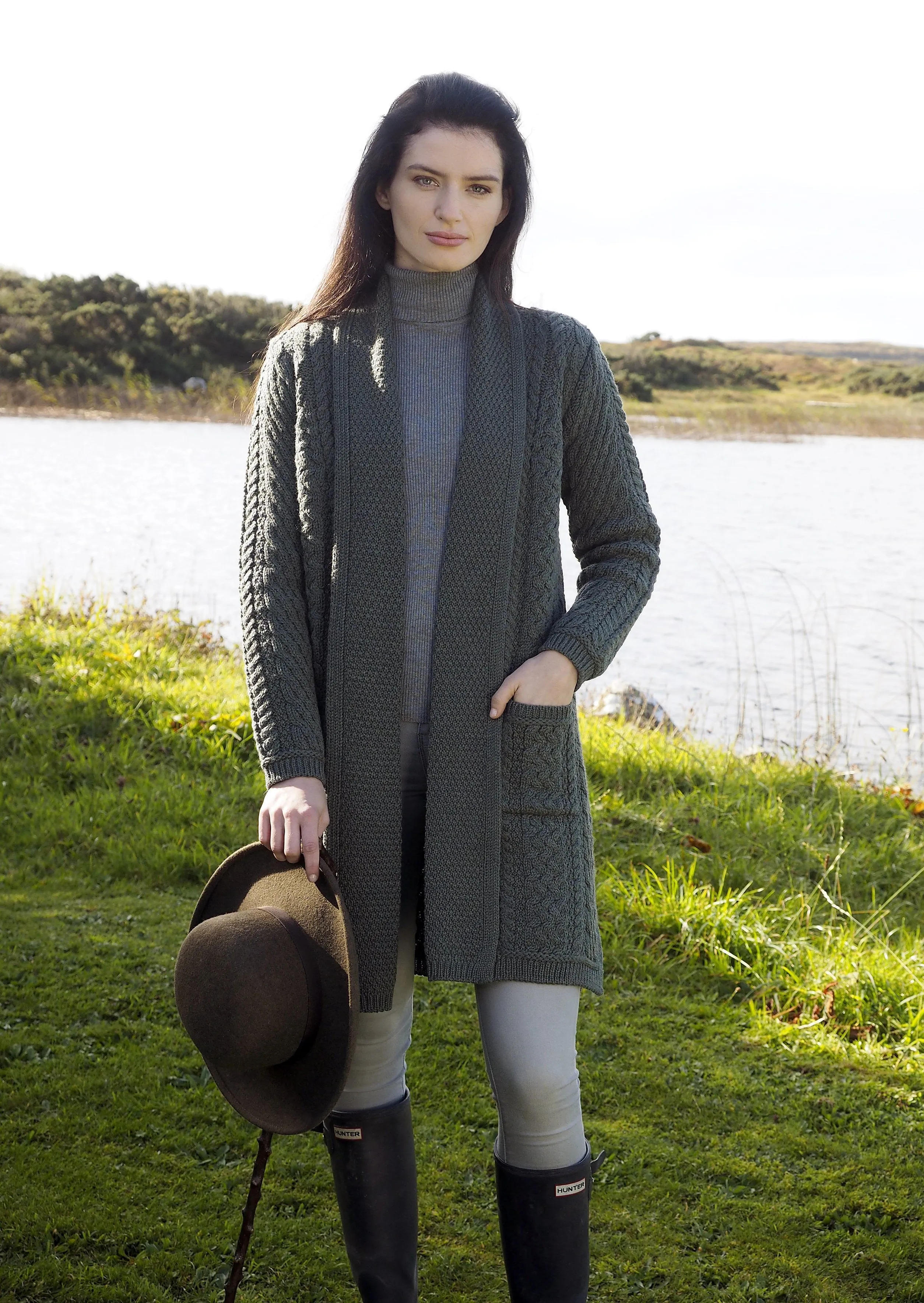 Aran Crafts Long Knitted Coat | Green