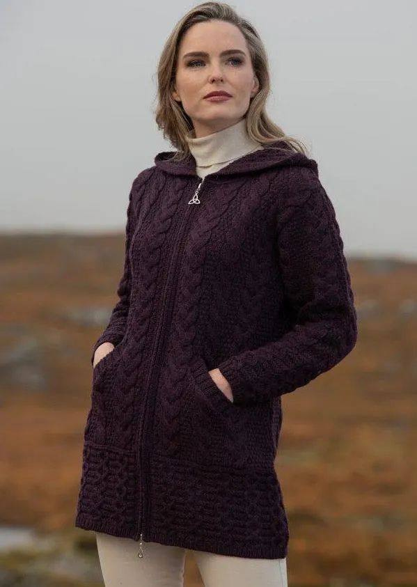 Aran Hooded Cardigan With Celtic Knot Zipper | Damson