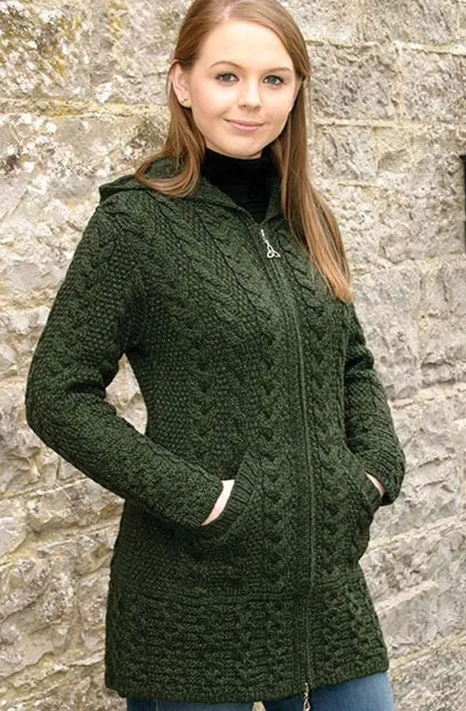 Aran Hooded Celtic Knot Zipper Cardigan | Green