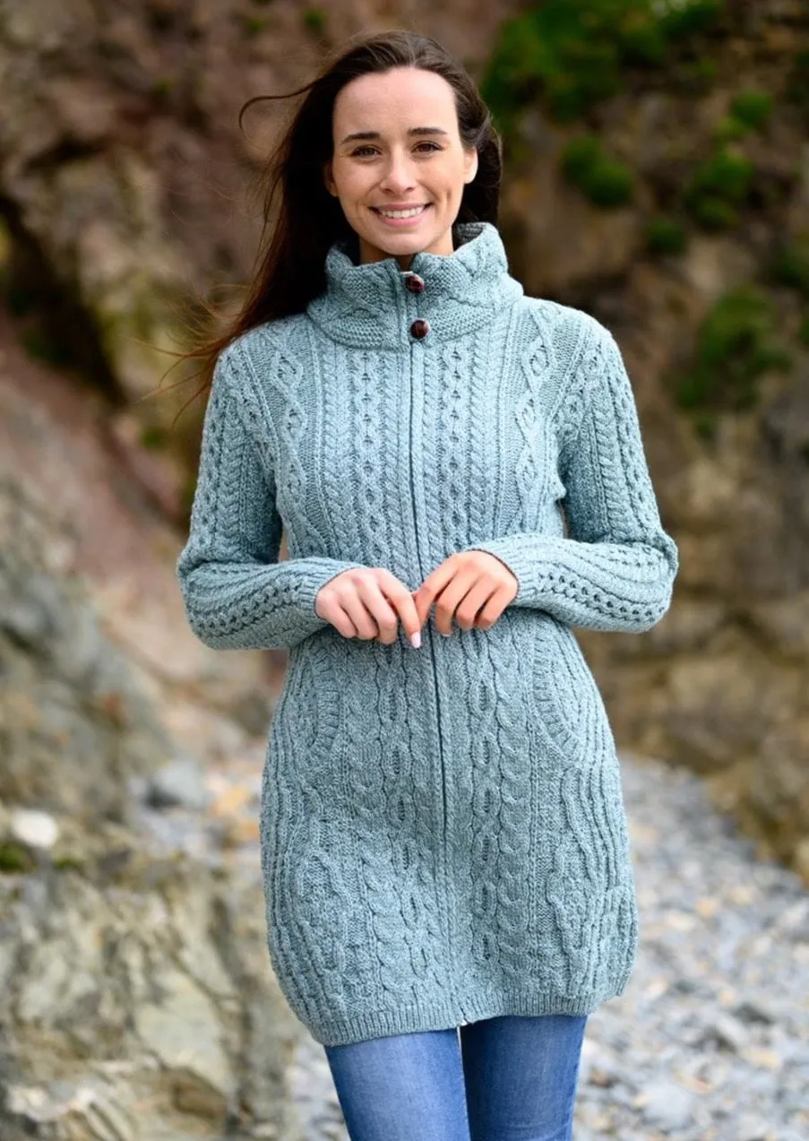 Aran Long Fitted Coat | Aqua