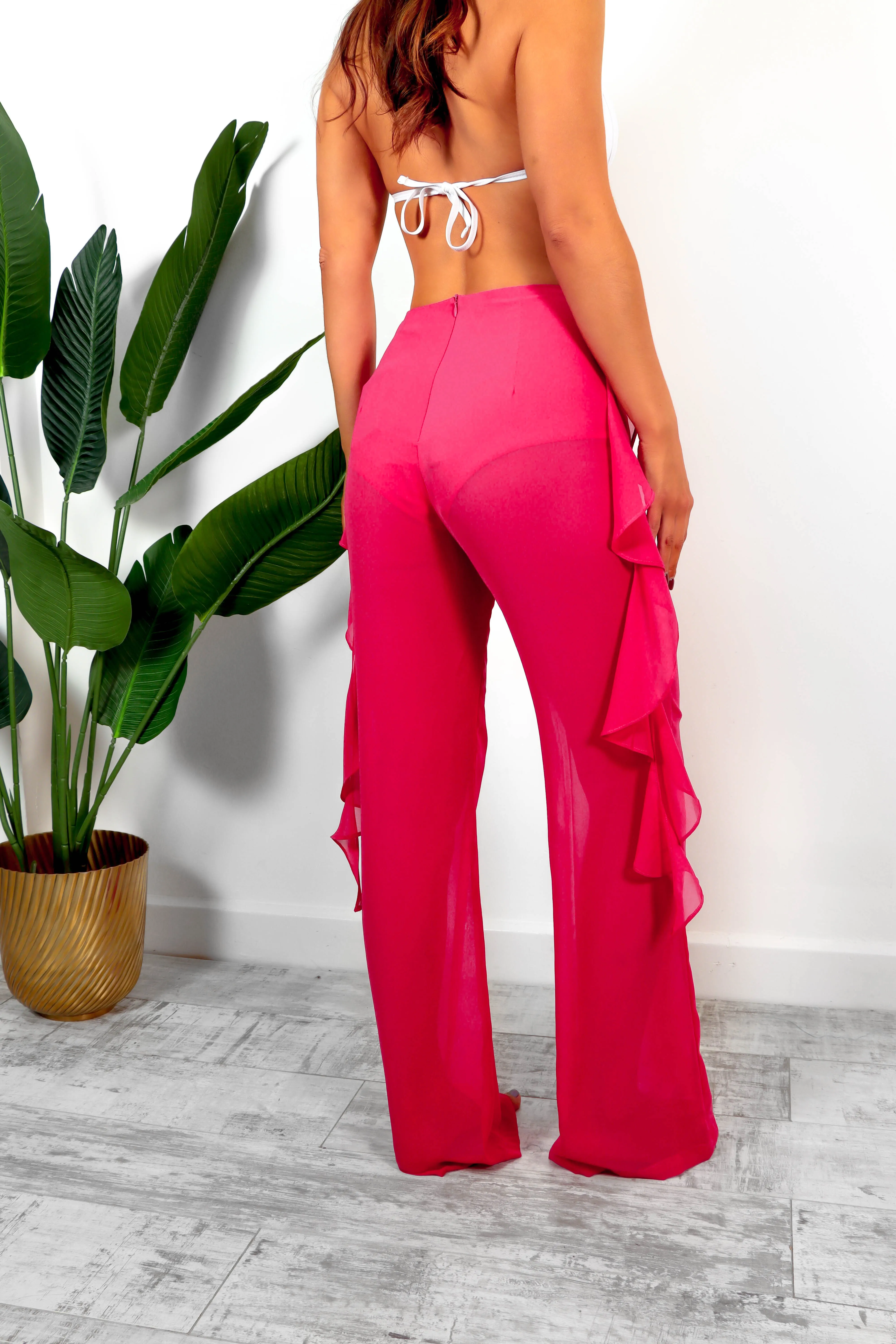 Are We Sheer - Fuchsia Ruffle Detail Sheer Trousers