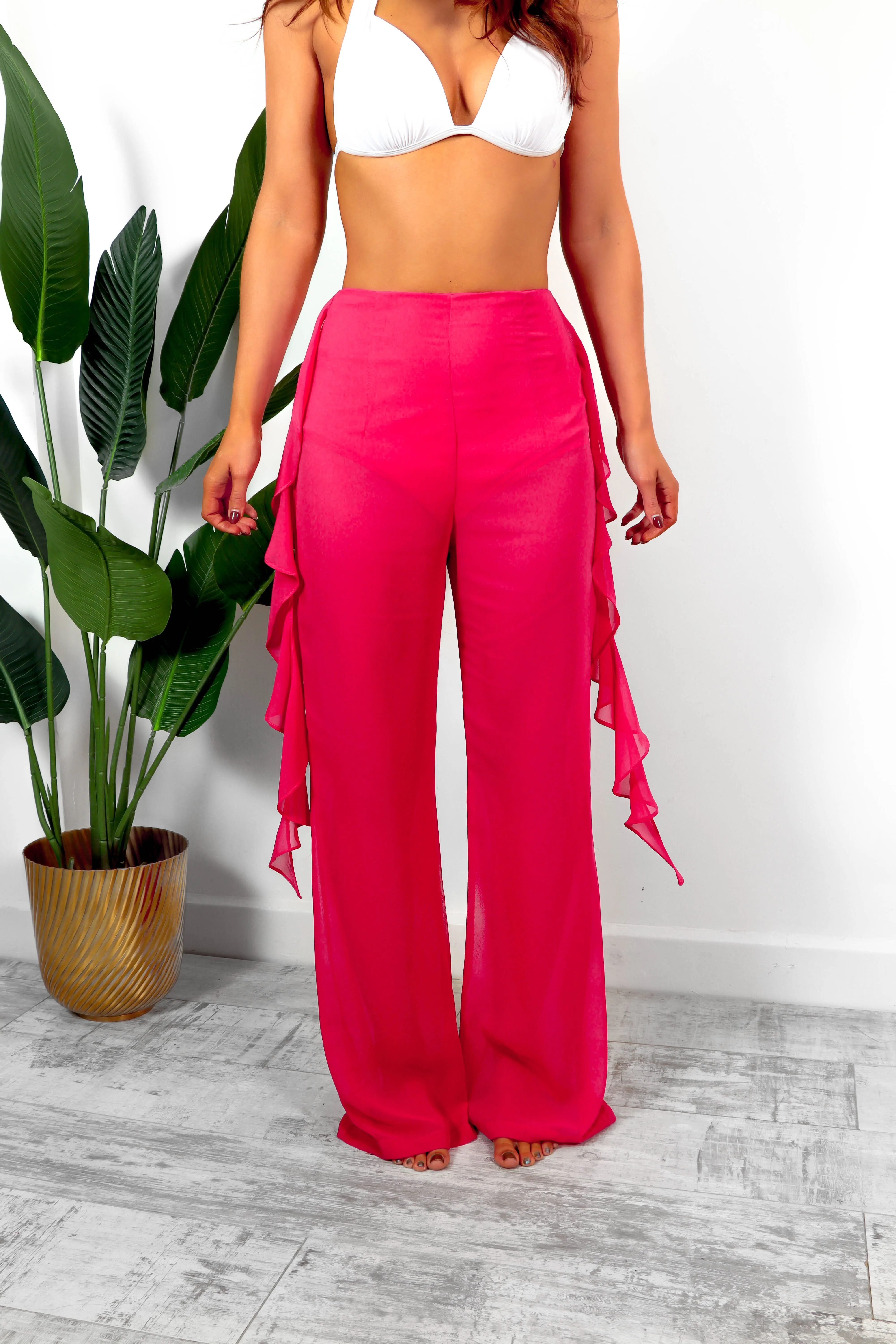 Are We Sheer - Fuchsia Ruffle Detail Sheer Trousers