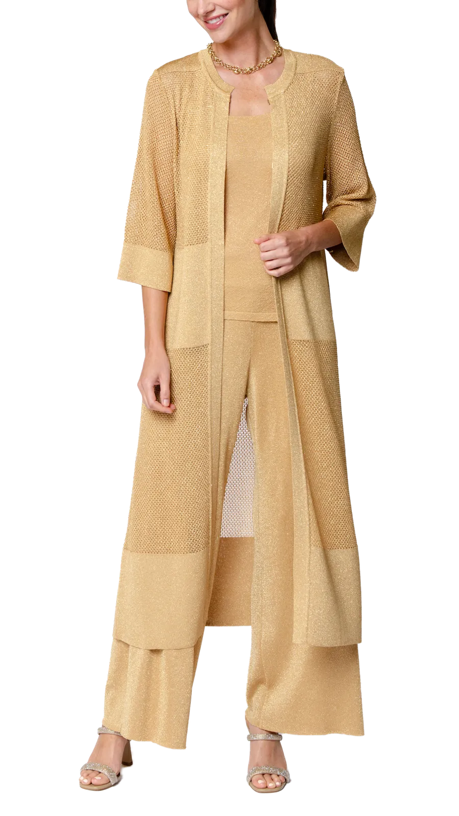 Arianna Shimmery Mesh-Knit Duster / Coat ; Golden Sands