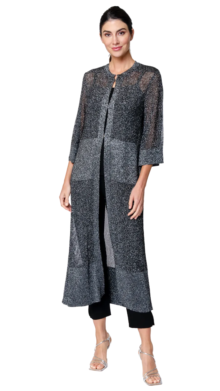 Arianna Shimmery Mesh-Knit Duster / Coat ; Silver Black