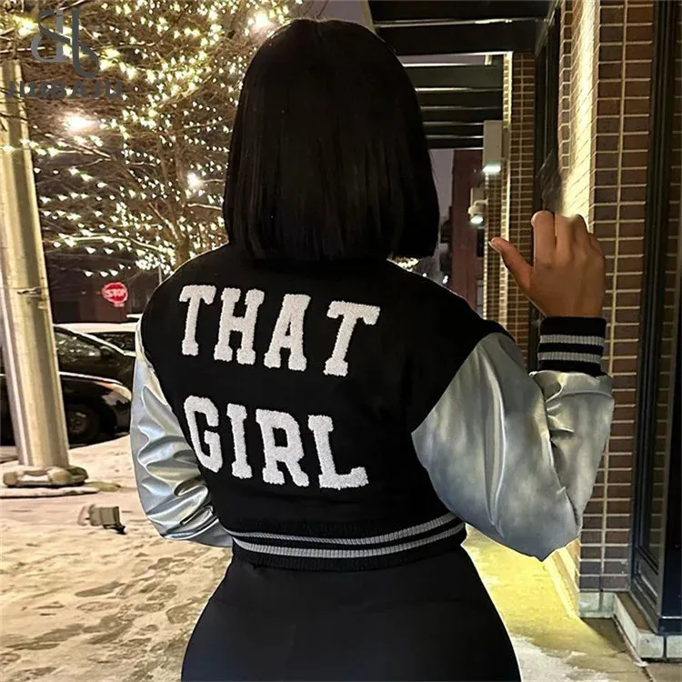 Autumn Black Patchwork Graphic Jacket Party Club Outfits For Women 2023 Bodycon Letter Embroidery Crop Baseball Jacket