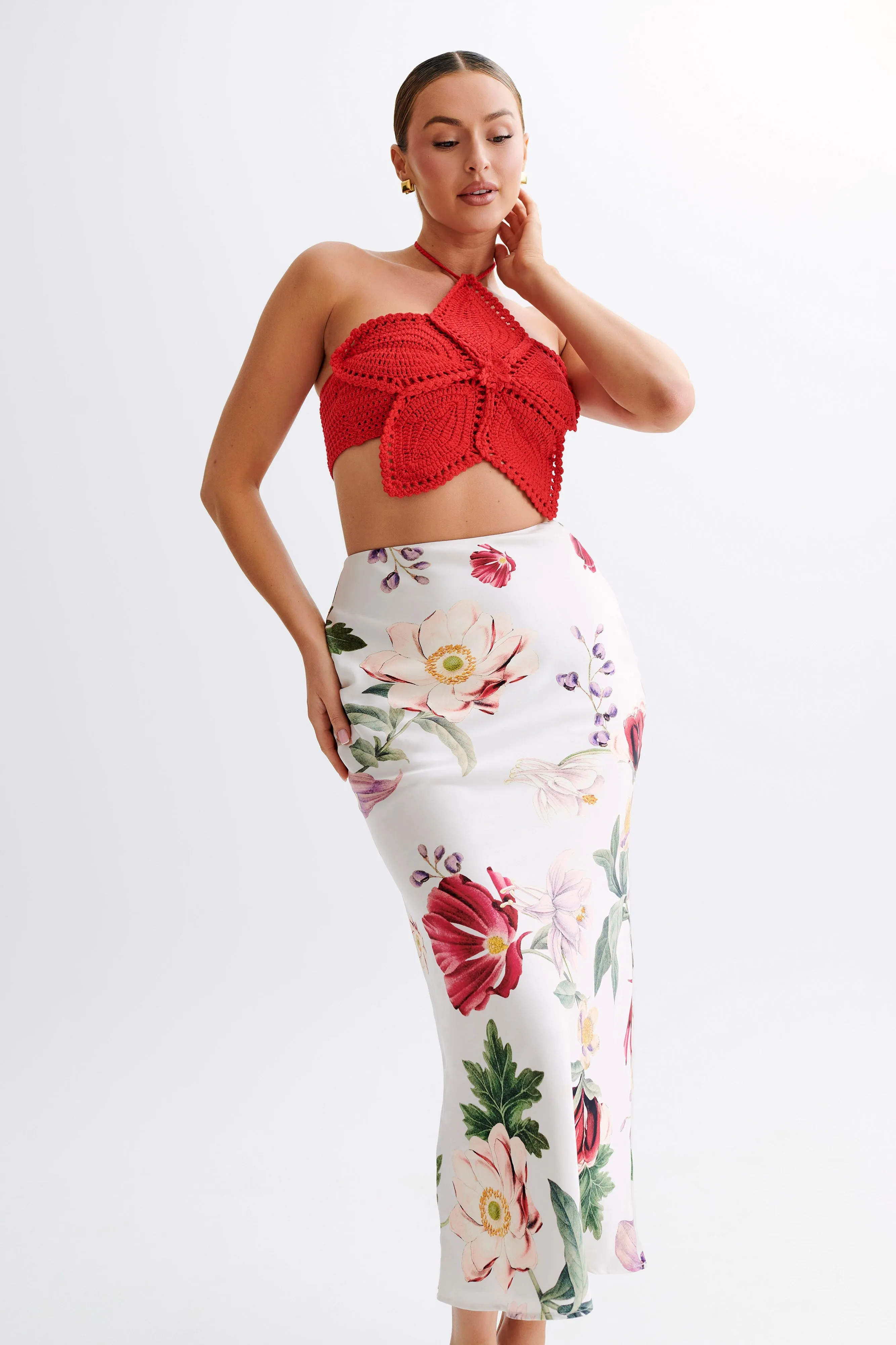 Bailey Floral Crochet Halter Top - Pomegranate