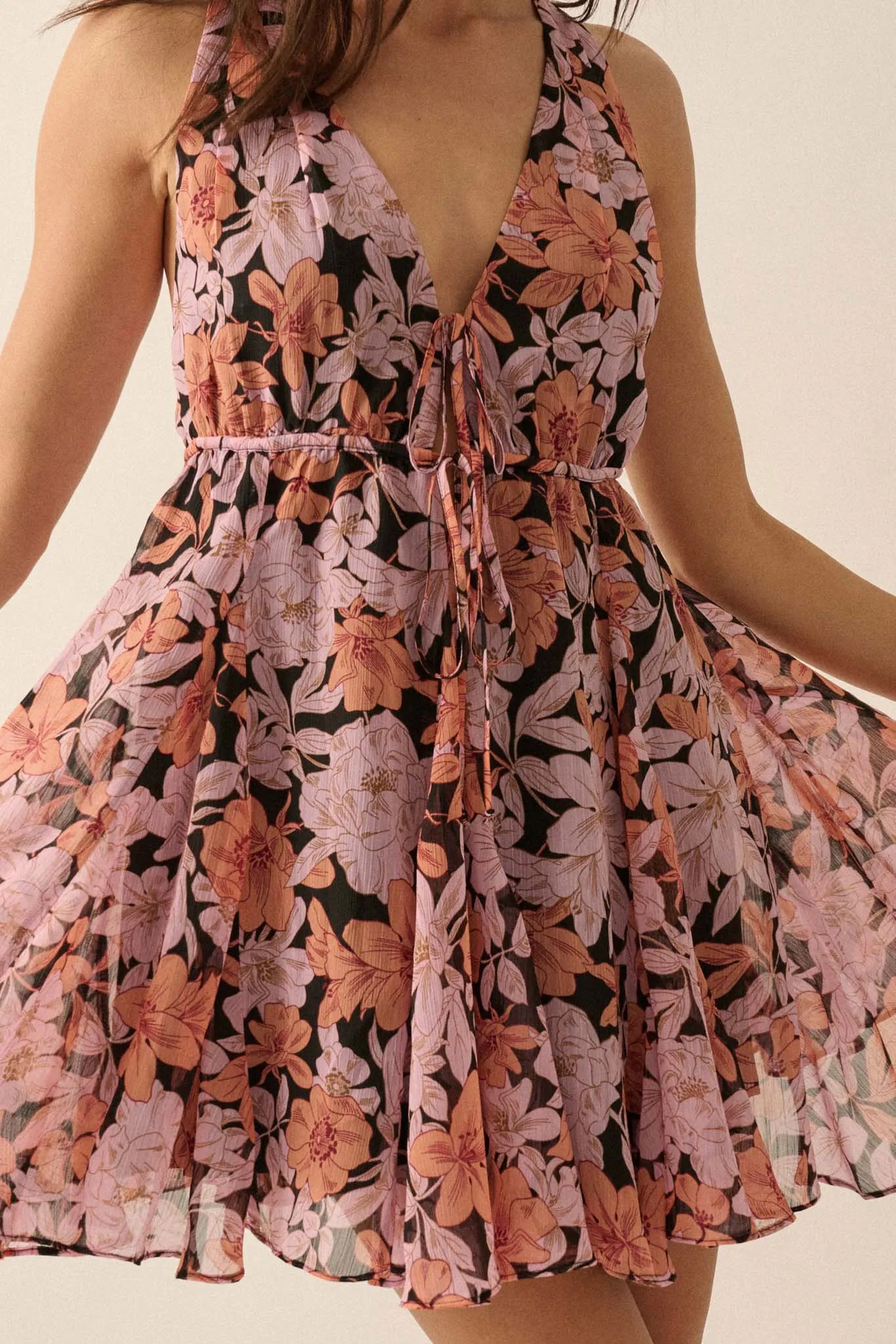 Bali Beauty Floral Chiffon Plunge-Front Mini Dress