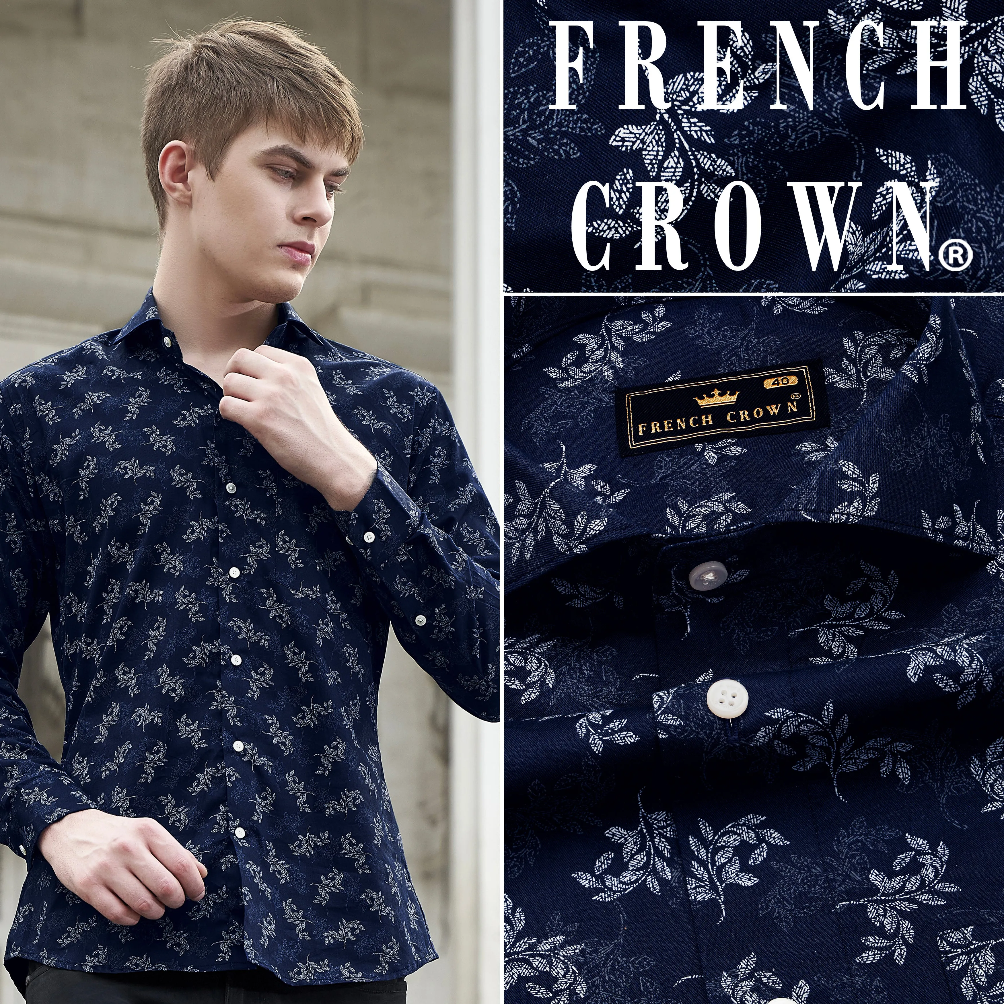 Baltic Navy Blue With Ditsy Printed Super Soft Premium Cotton Shirt