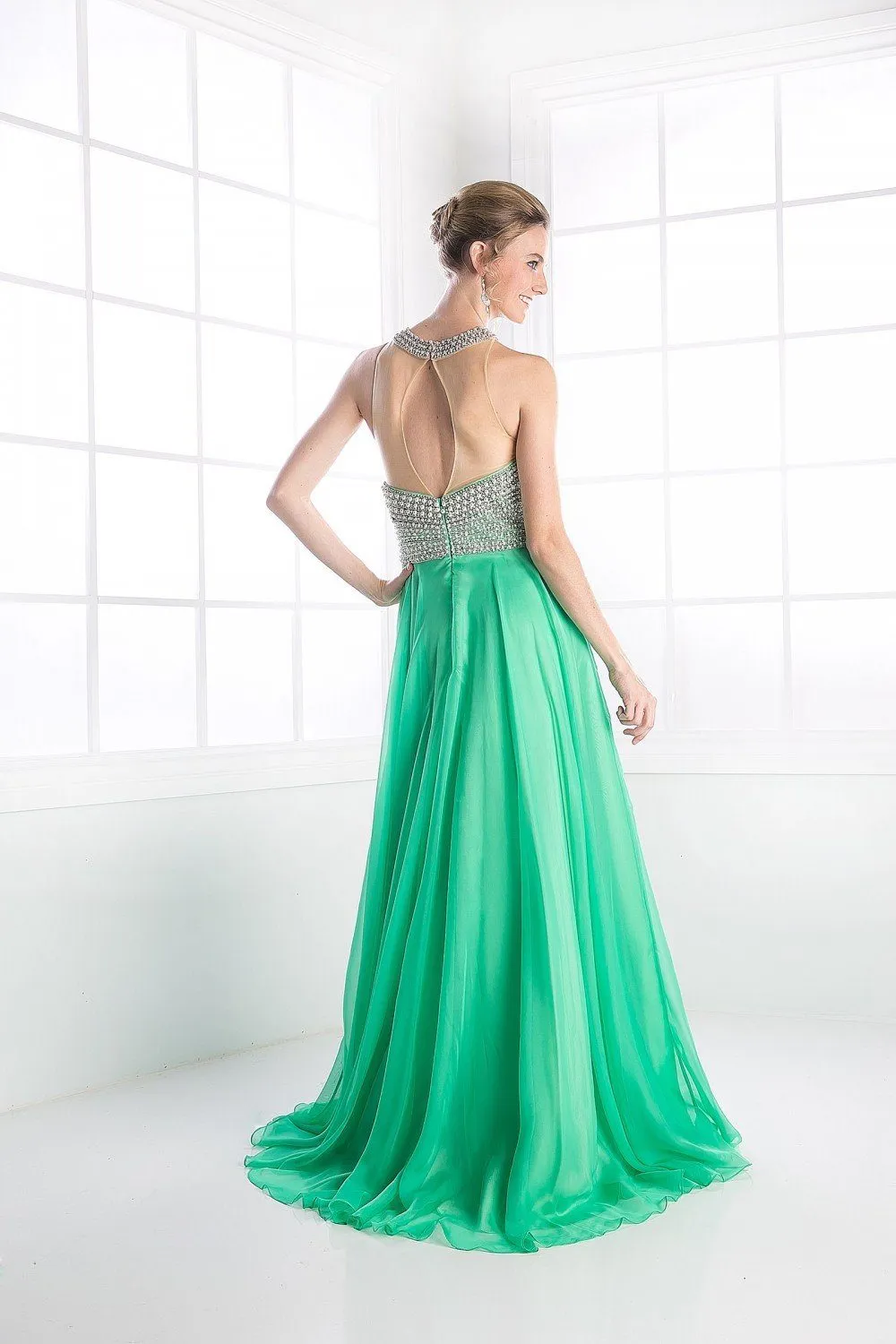 Beaded Halter Chiffon Gown by Cinderella Divine 8107