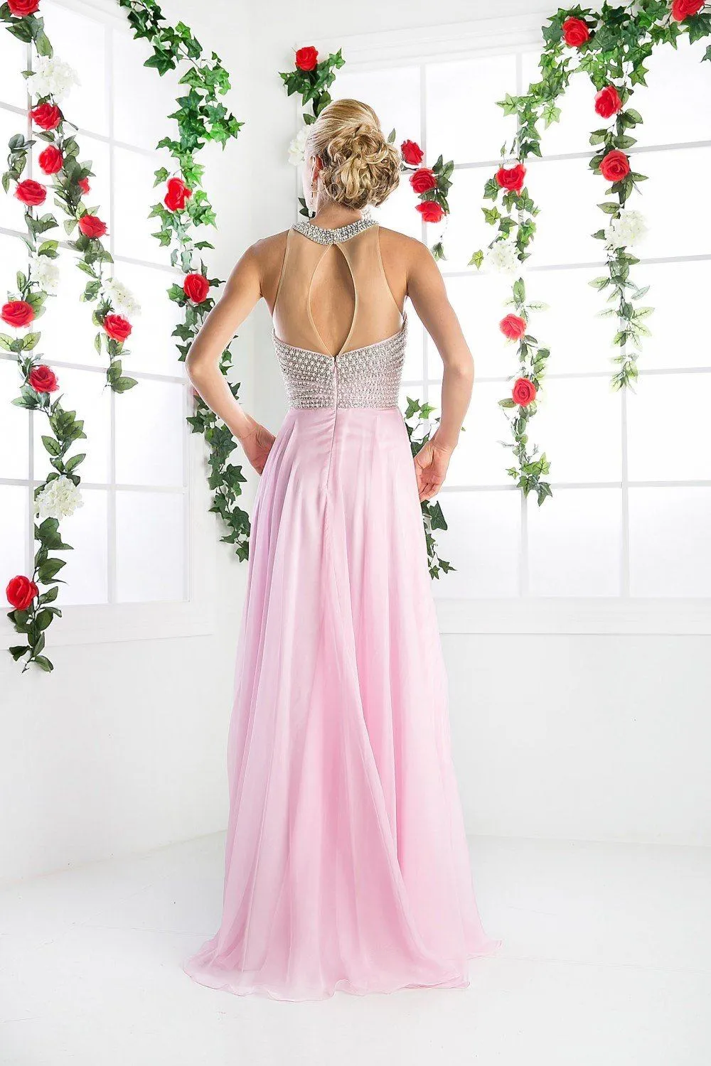 Beaded Halter Chiffon Gown by Cinderella Divine 8107