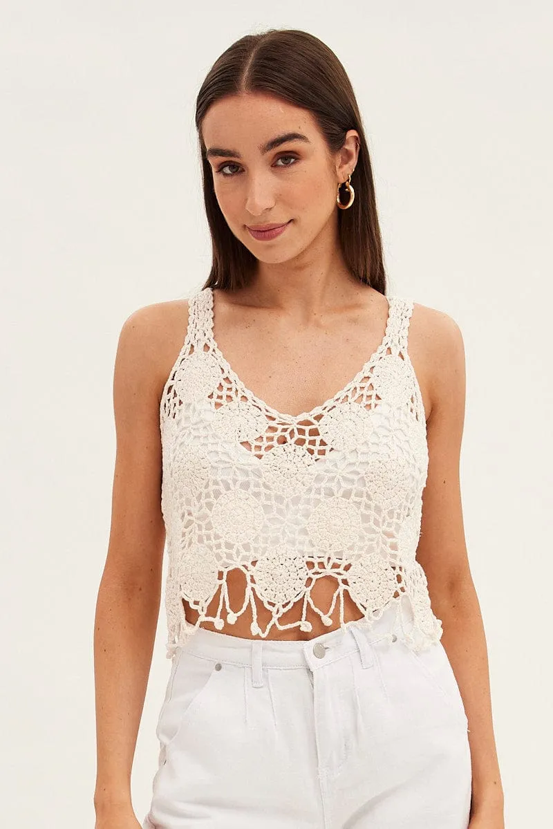 Beige Crochet Knit Sleeveless V-Neck