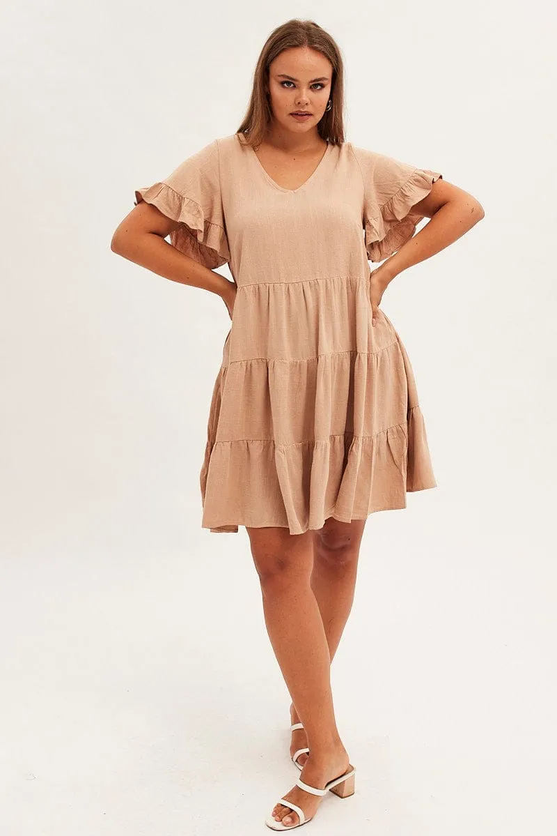 Beige Relaxed Dress Short Sleeve V-neck Linen Blend