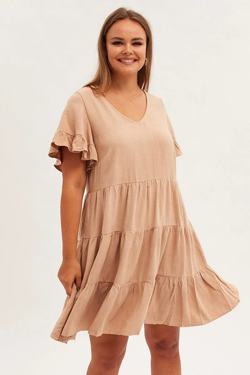 Beige Relaxed Dress Short Sleeve V-neck Linen Blend