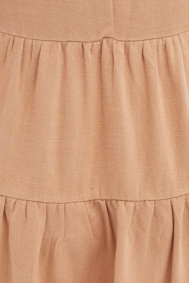 Beige Relaxed Dress Short Sleeve V-neck Linen Blend