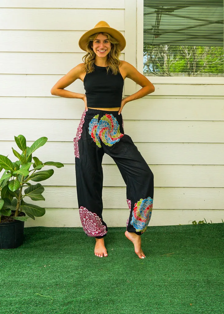 Black Enlighten Flower Harem Pants