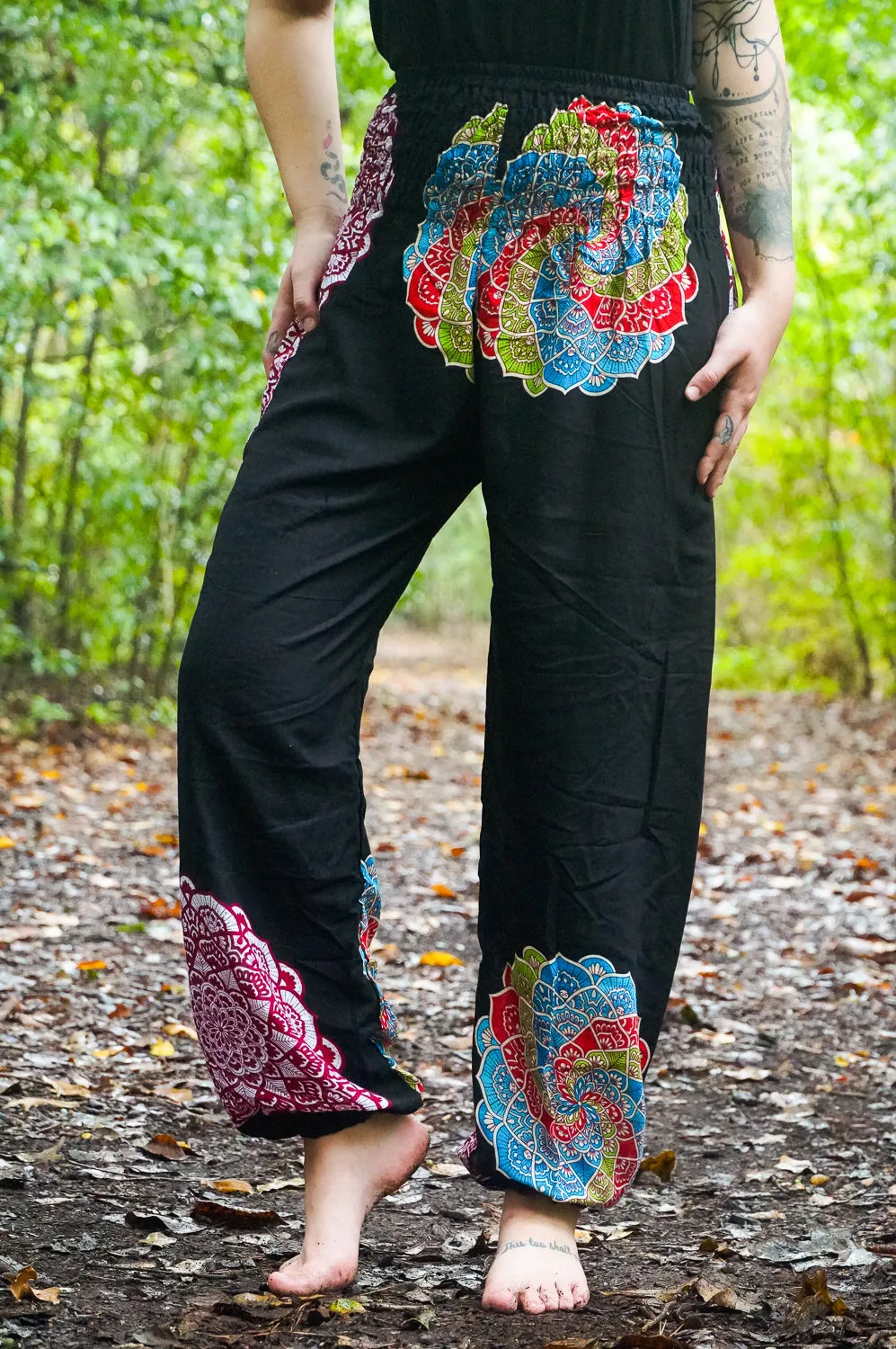 Black Enlighten Flower Harem Pants