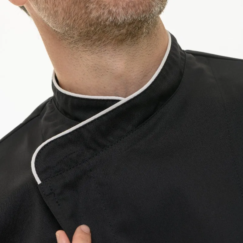 Black Kitchen Coat with White Piping Long Sleeve - MANELLI