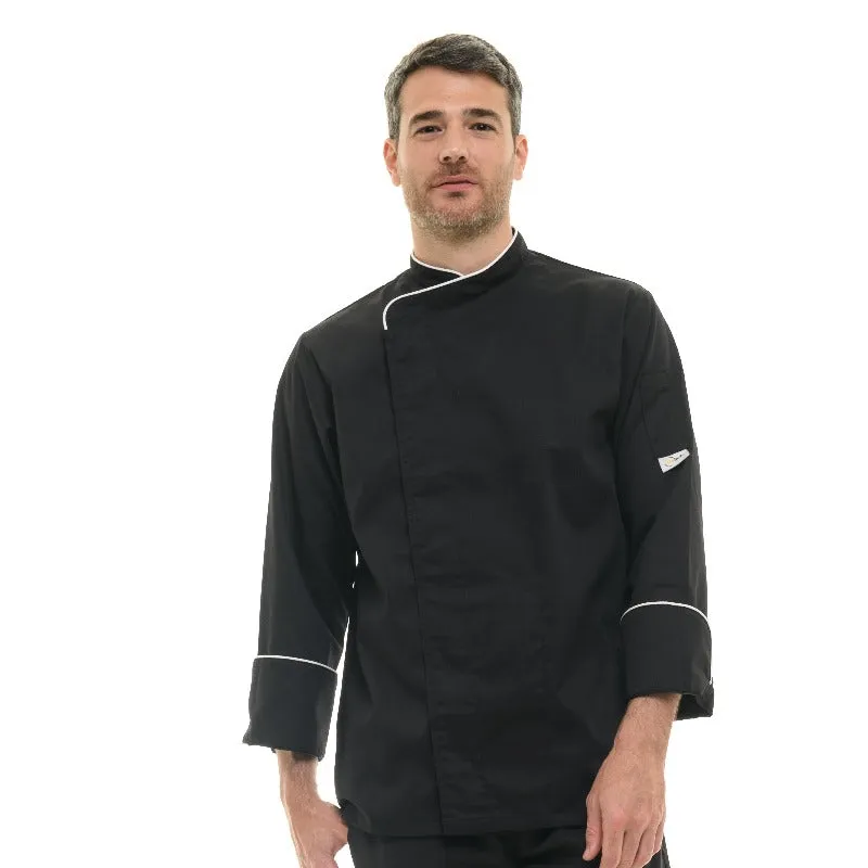 Black Kitchen Coat with White Piping Long Sleeve - MANELLI