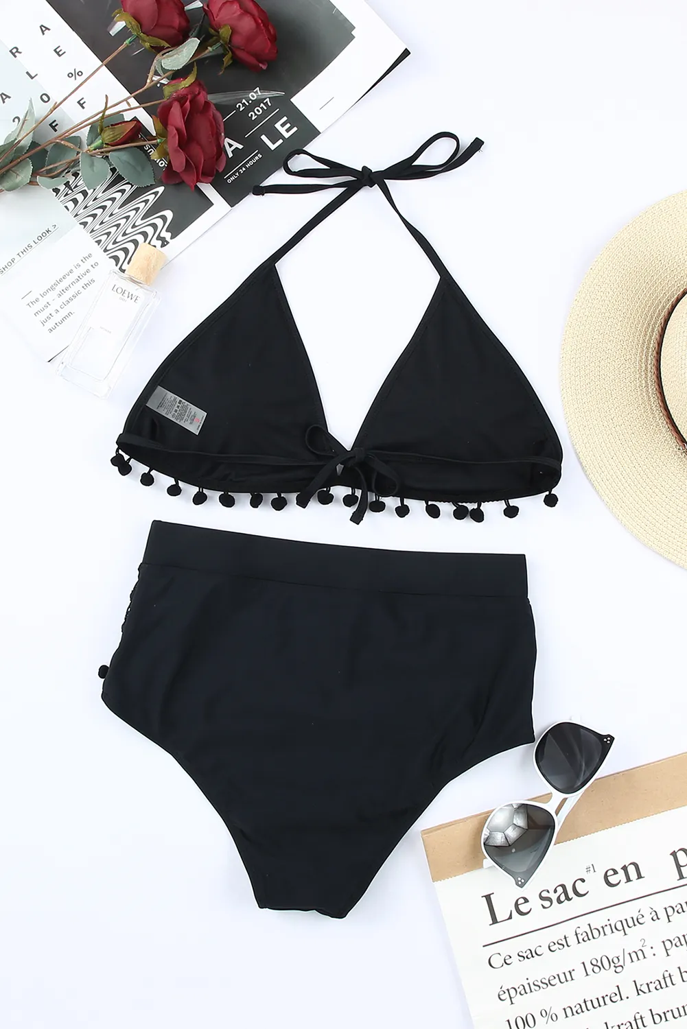 Black Pom Pom Mesh Insert High Waisted Swimsuit