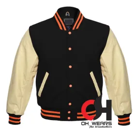 Black Wool and Genuine Cream Leather Sleeves Varsity Jacket