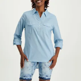 Blue Curved Hem Shirt