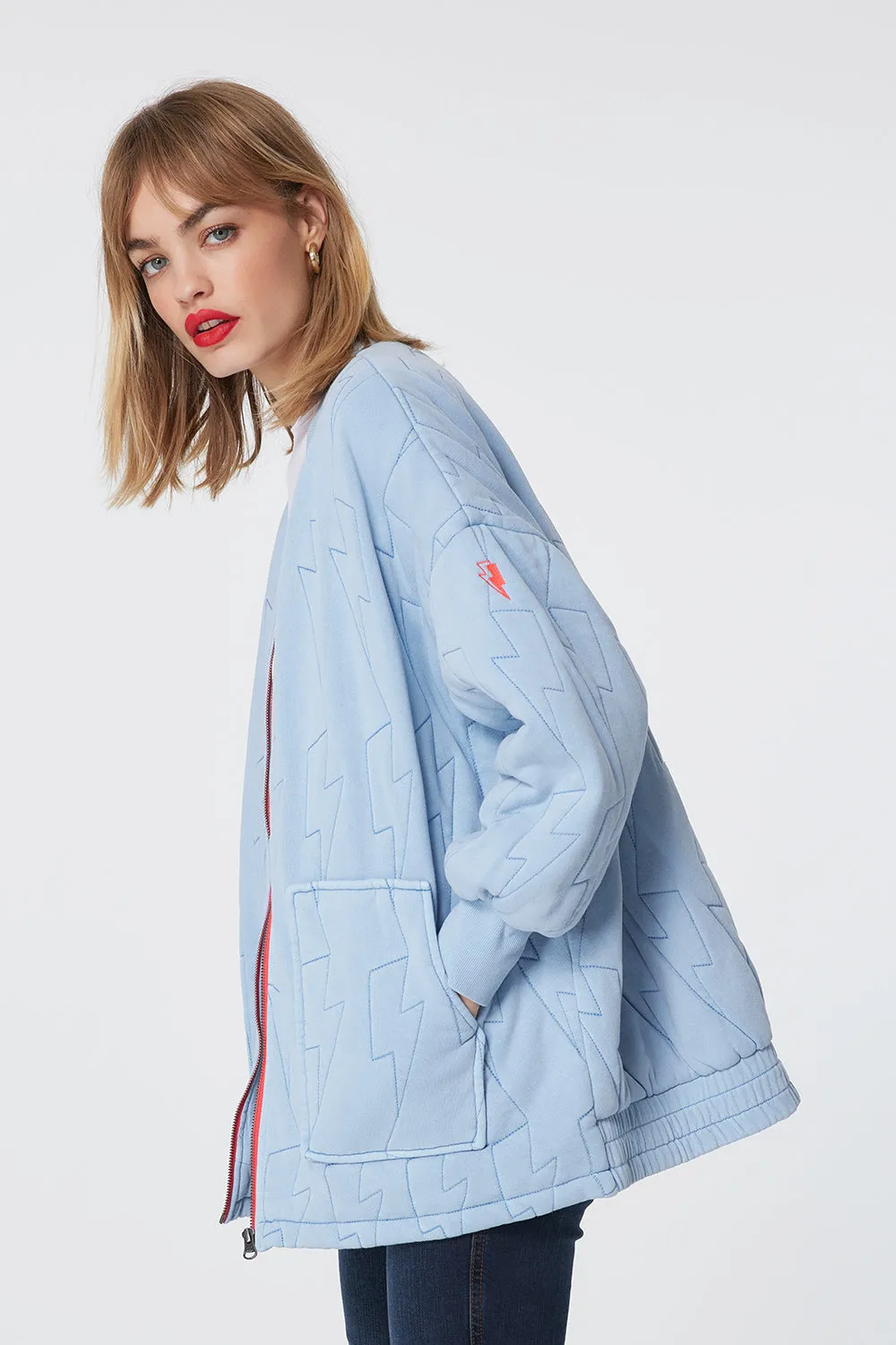 Blue Quilted Lightning Bolt Oversized Bomber Jacket