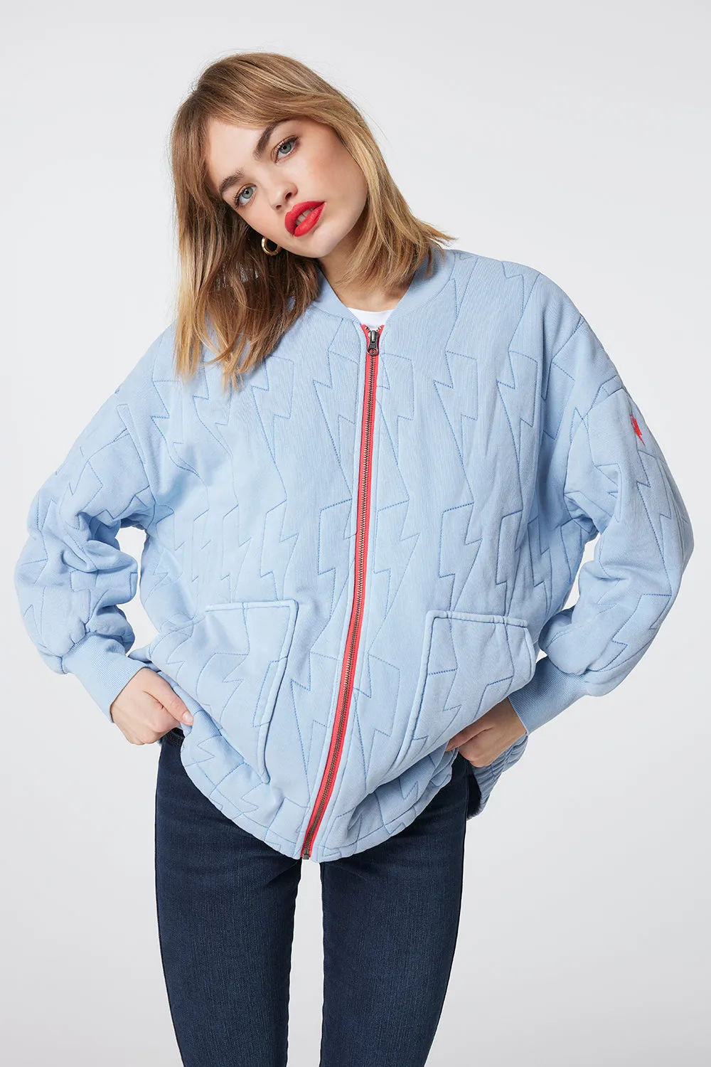 Blue Quilted Lightning Bolt Oversized Bomber Jacket