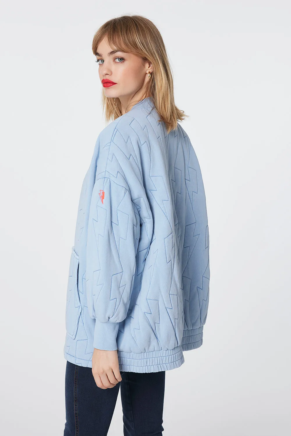 Blue Quilted Lightning Bolt Oversized Bomber Jacket