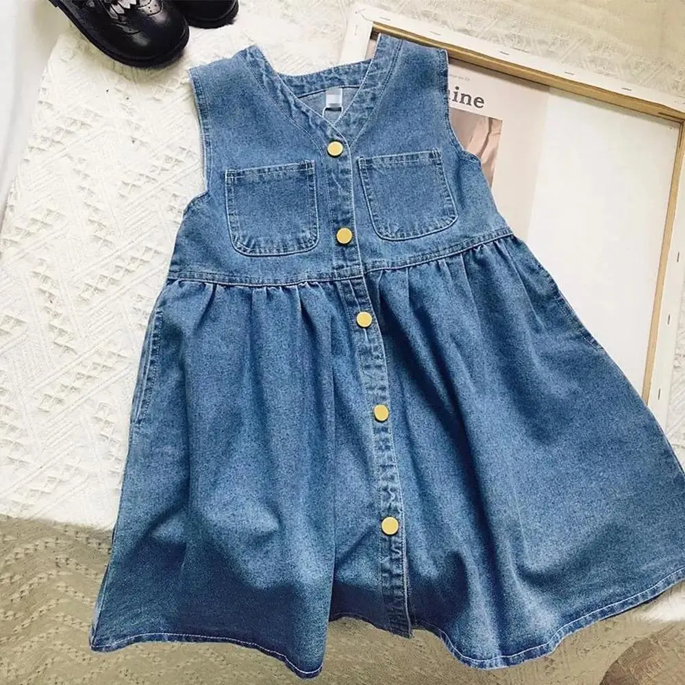 Blue Sleeveless Denim Maxi Dress for Girls