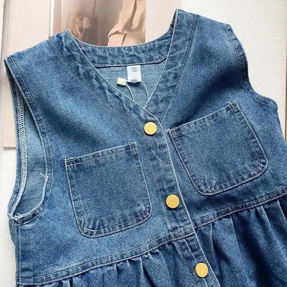 Blue Sleeveless Denim Maxi Dress for Girls