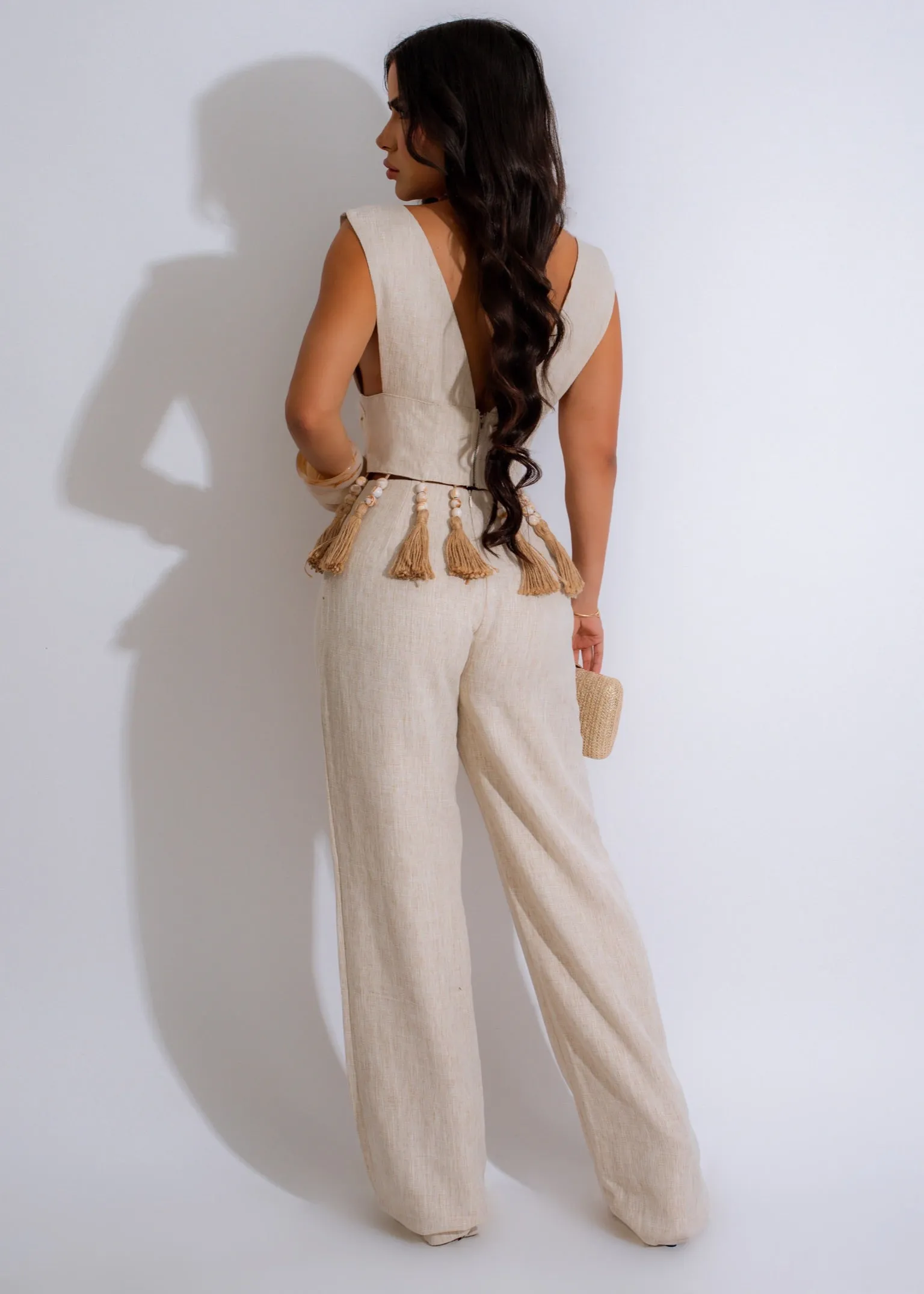 Bohemian Chic Tassel Pant Set Nude