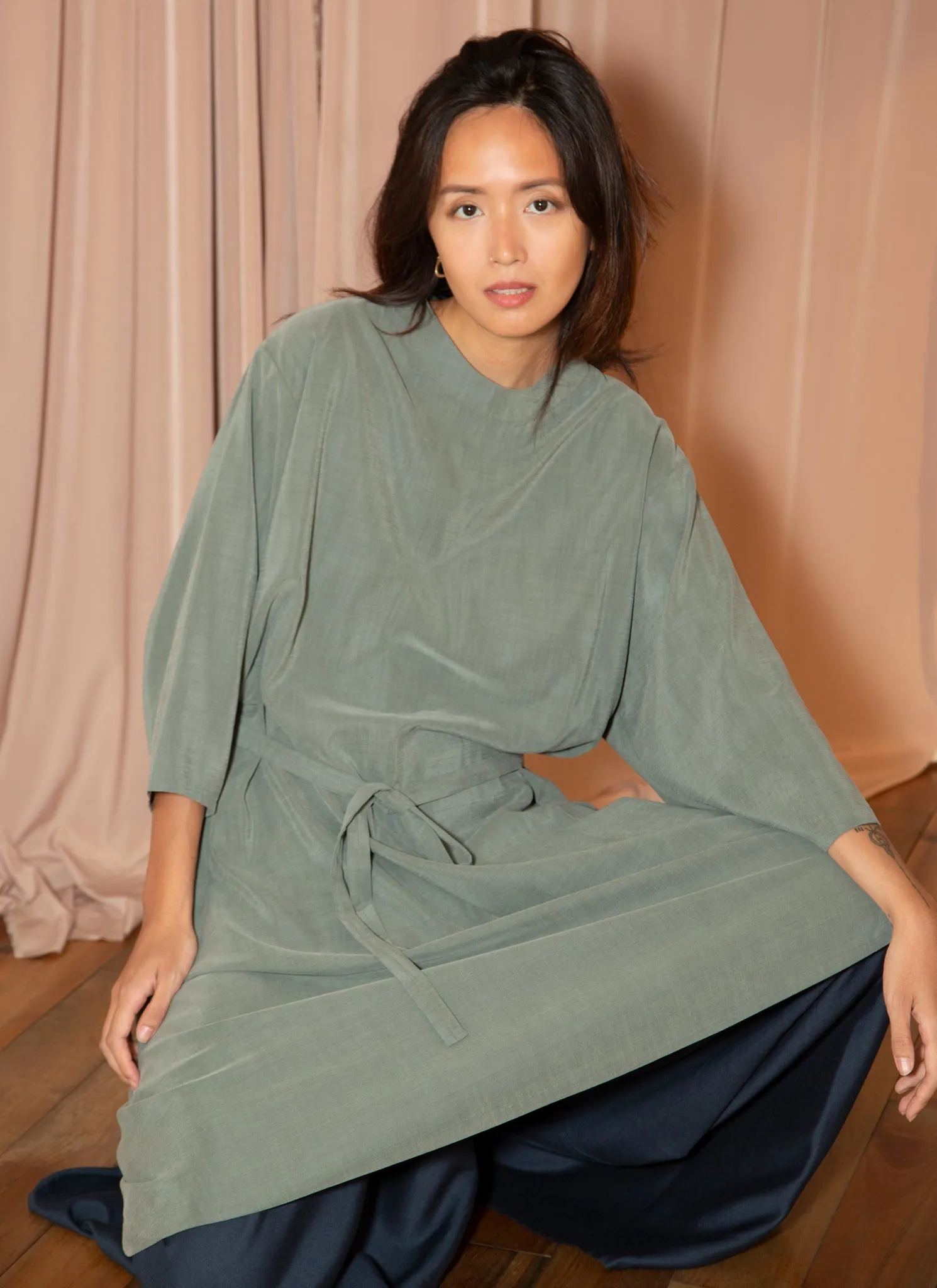 Branch Boxy A-Line Dress in Sage Green