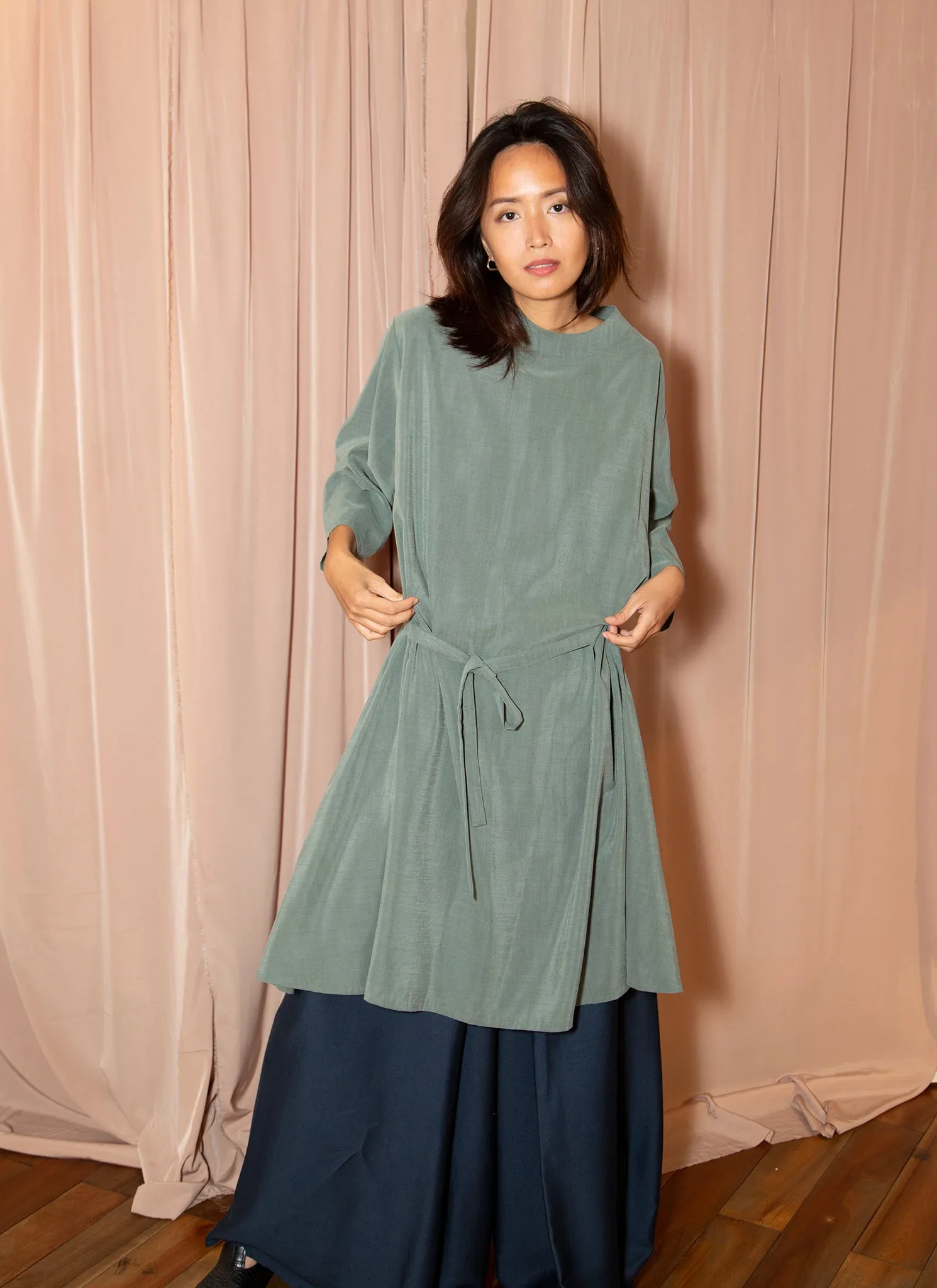 Branch Boxy A-Line Dress in Sage Green