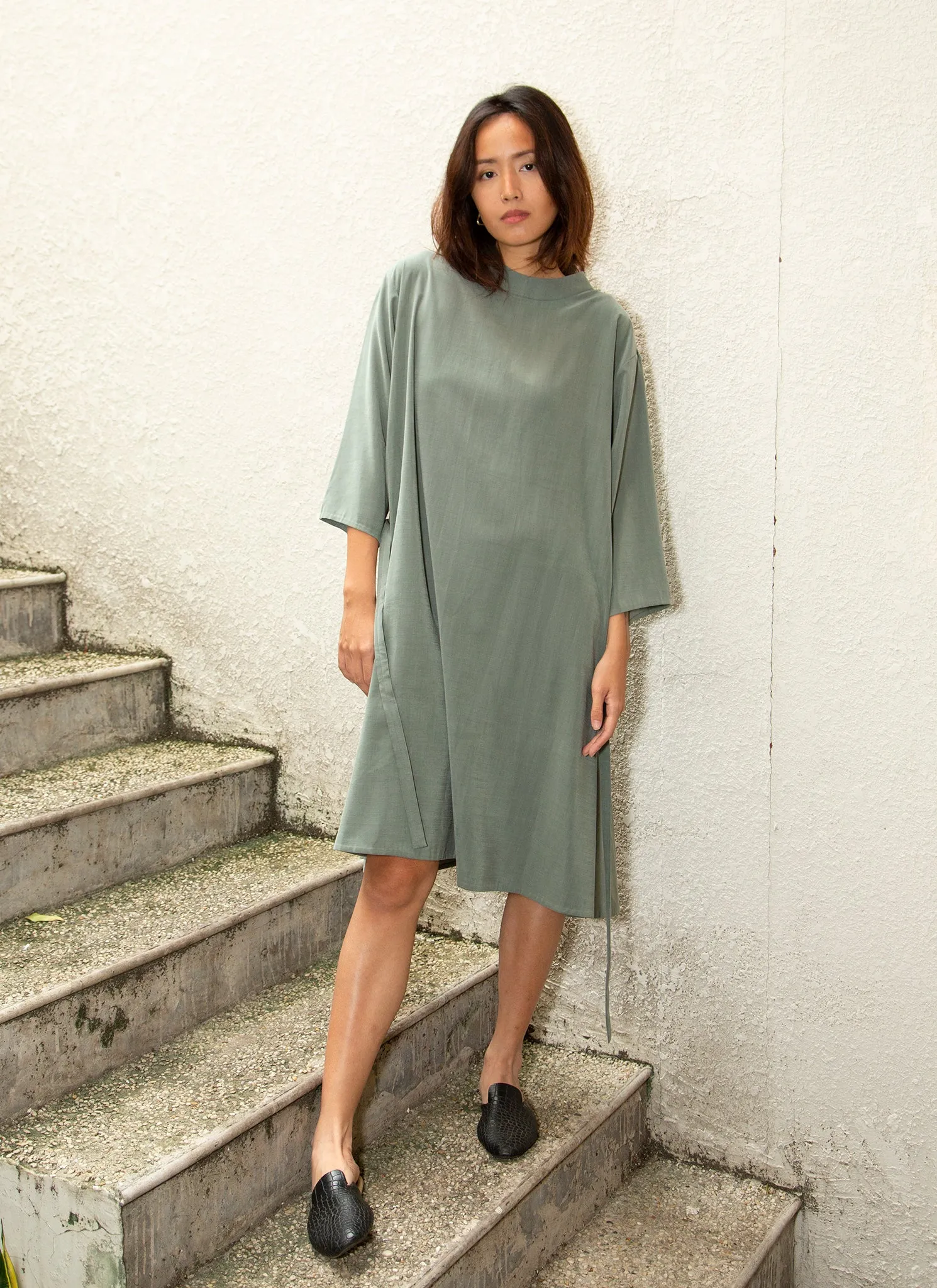 Branch Boxy A-Line Dress in Sage Green