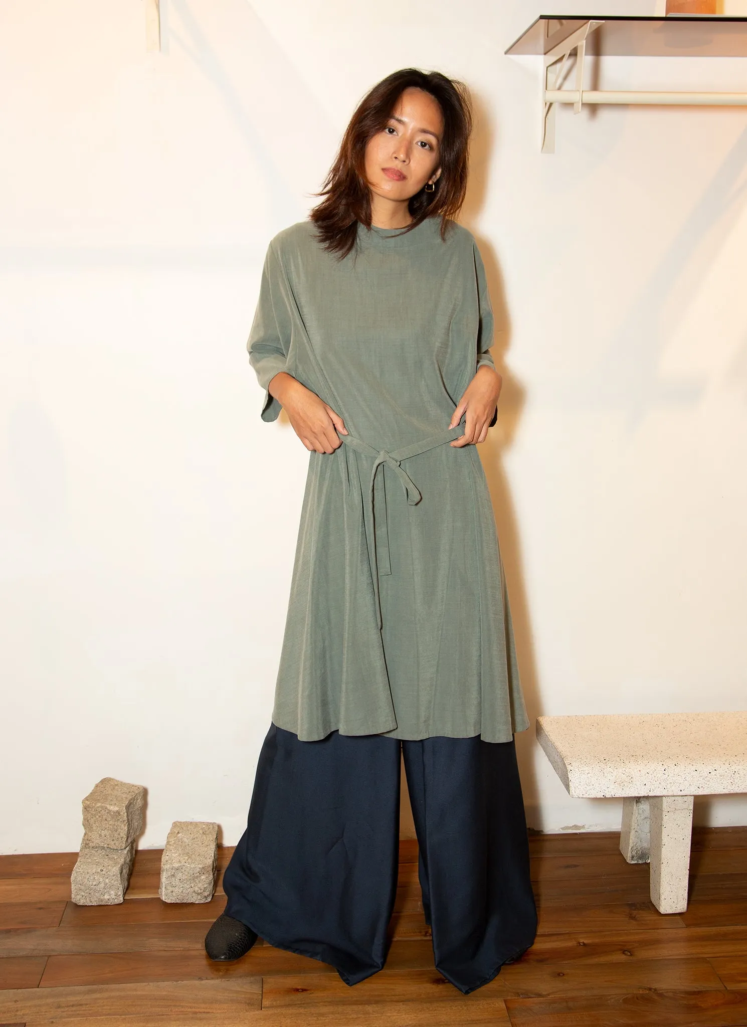 Branch Boxy A-Line Dress in Sage Green