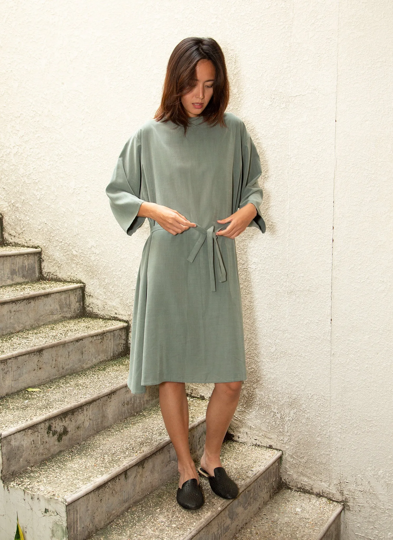 Branch Boxy A-Line Dress in Sage Green