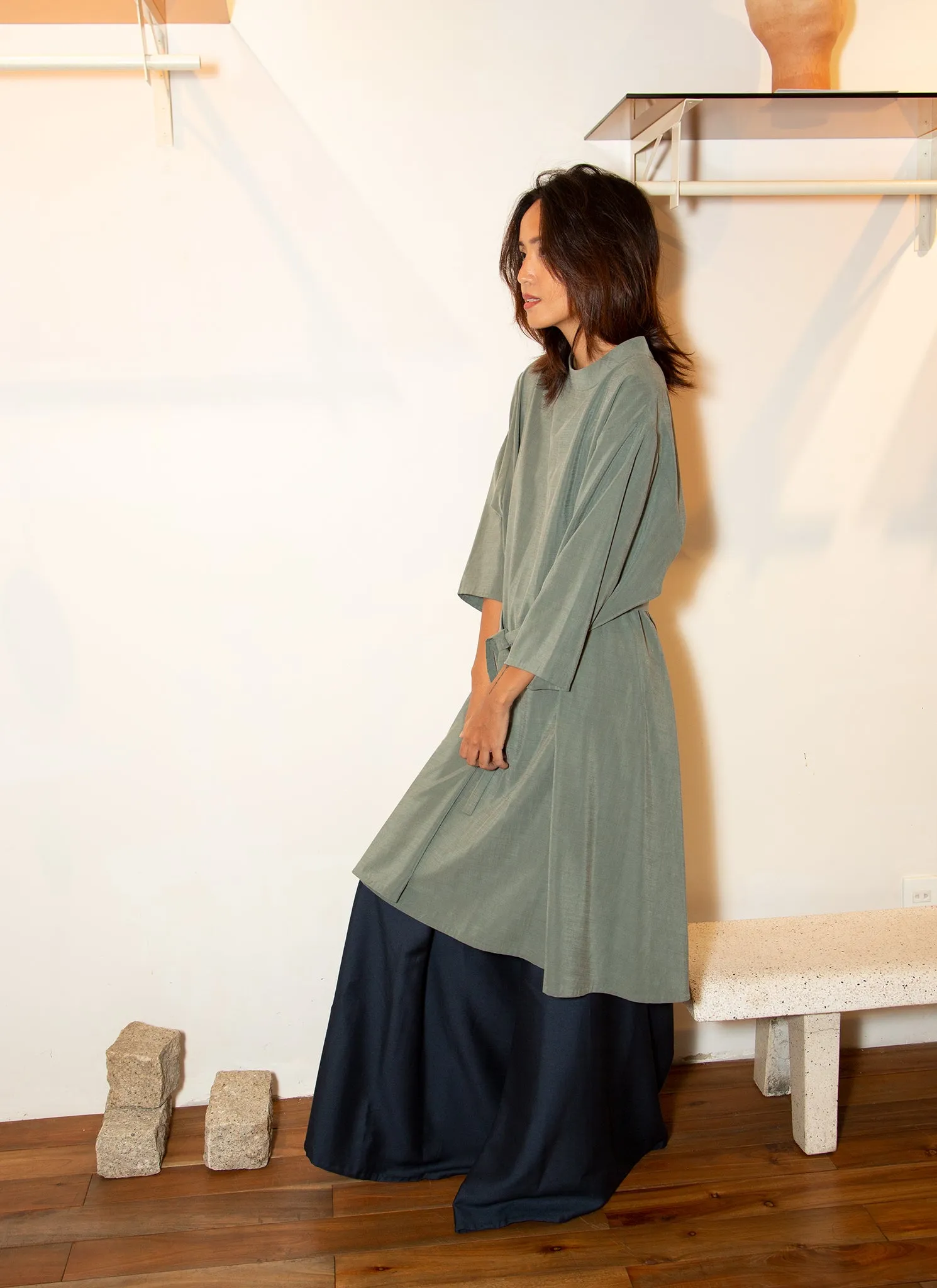 Branch Boxy A-Line Dress in Sage Green