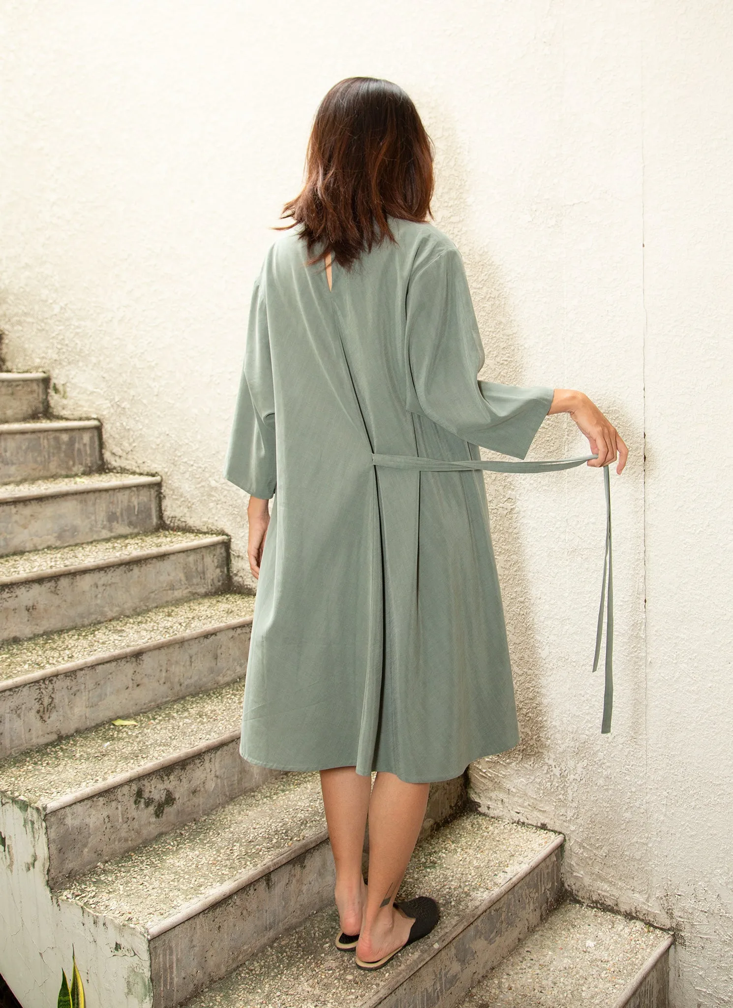 Branch Boxy A-Line Dress in Sage Green