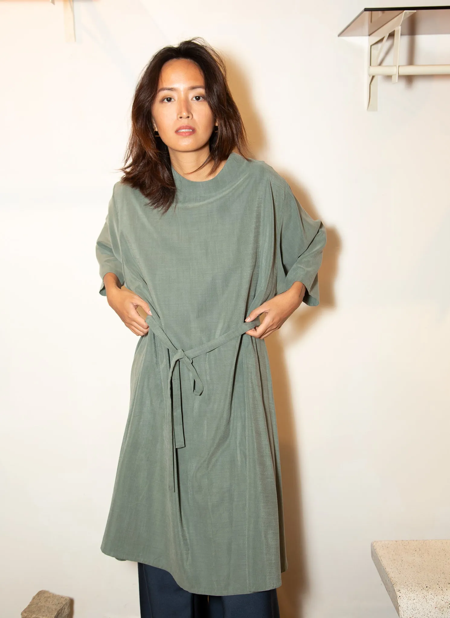 Branch Boxy A-Line Dress in Sage Green