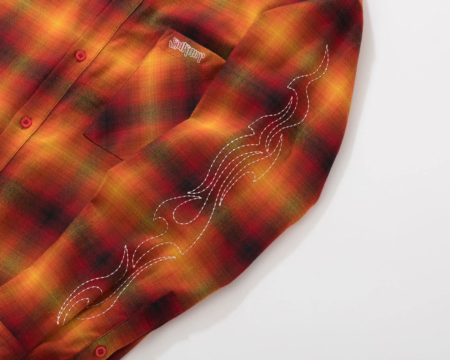 BURNIN* “97’series” raw edge destroyed plaid embroidered shirt