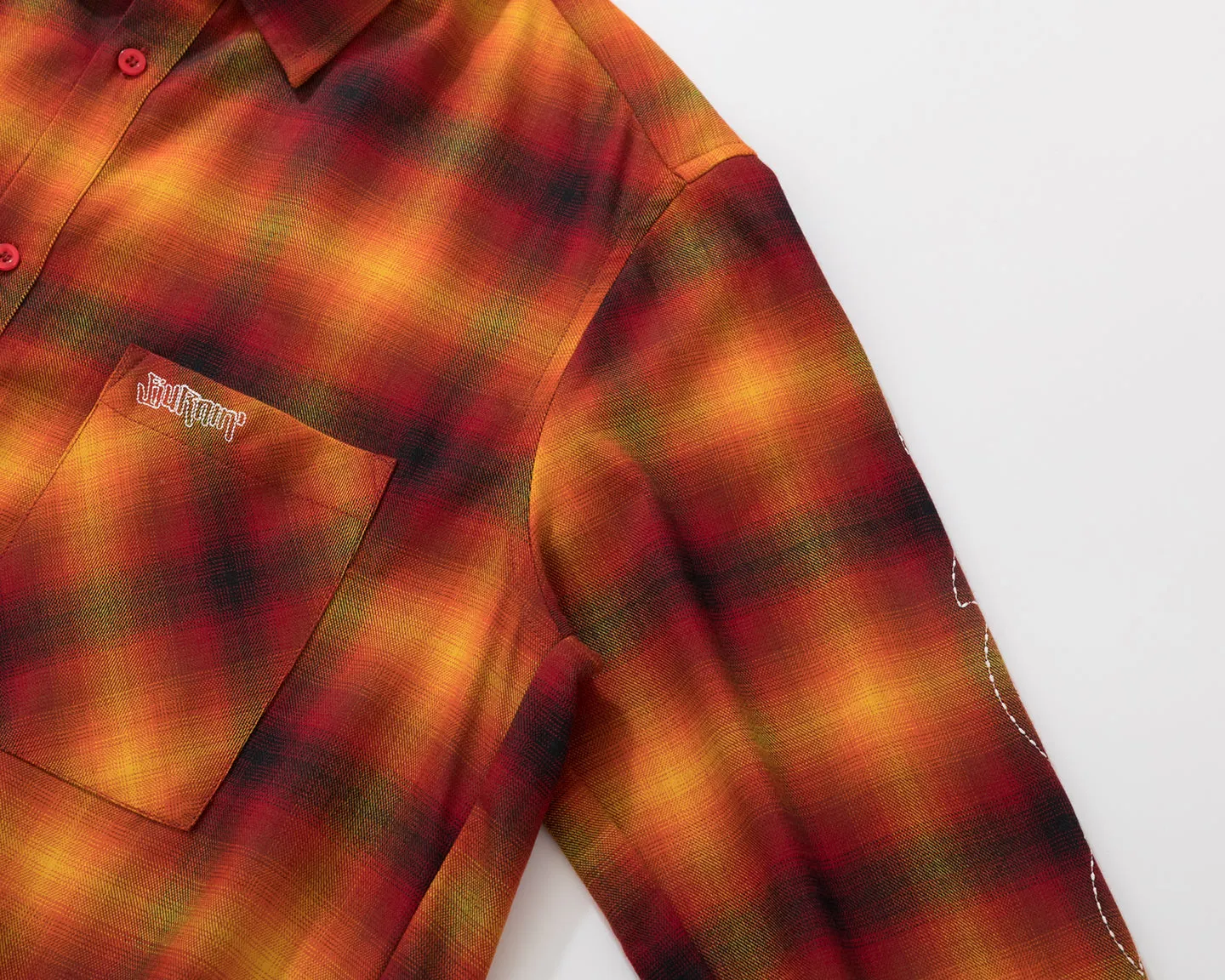 BURNIN* “97’series” raw edge destroyed plaid embroidered shirt