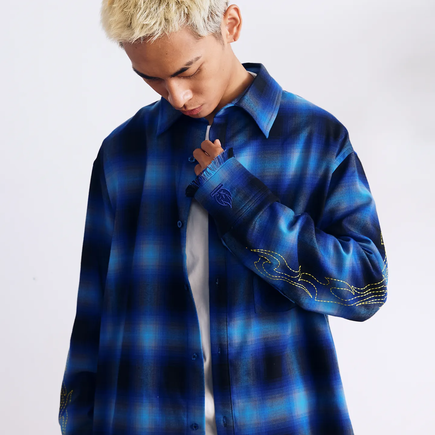 BURNIN* “97’series” raw edge destroyed plaid embroidered shirt