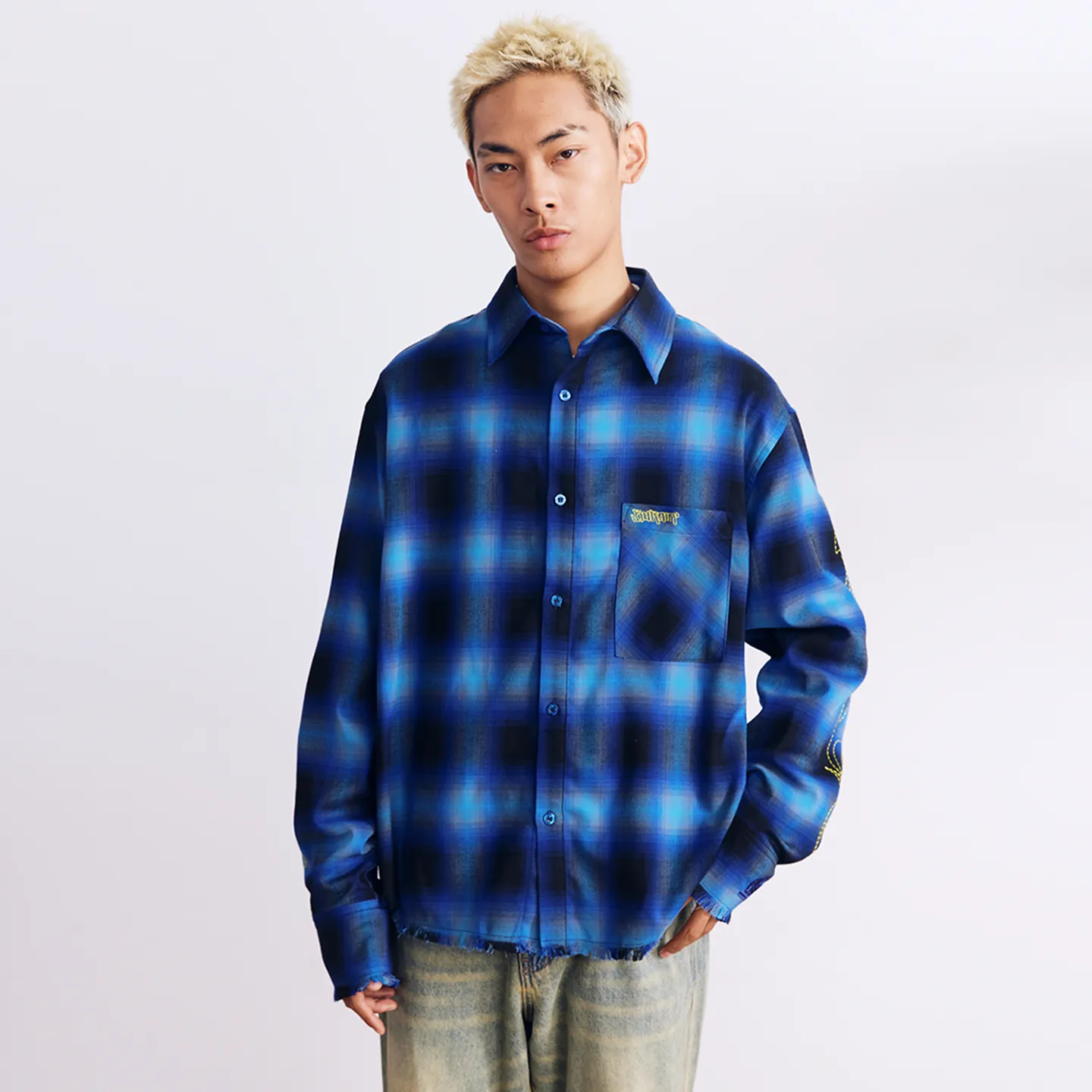 BURNIN* “97’series” raw edge destroyed plaid embroidered shirt