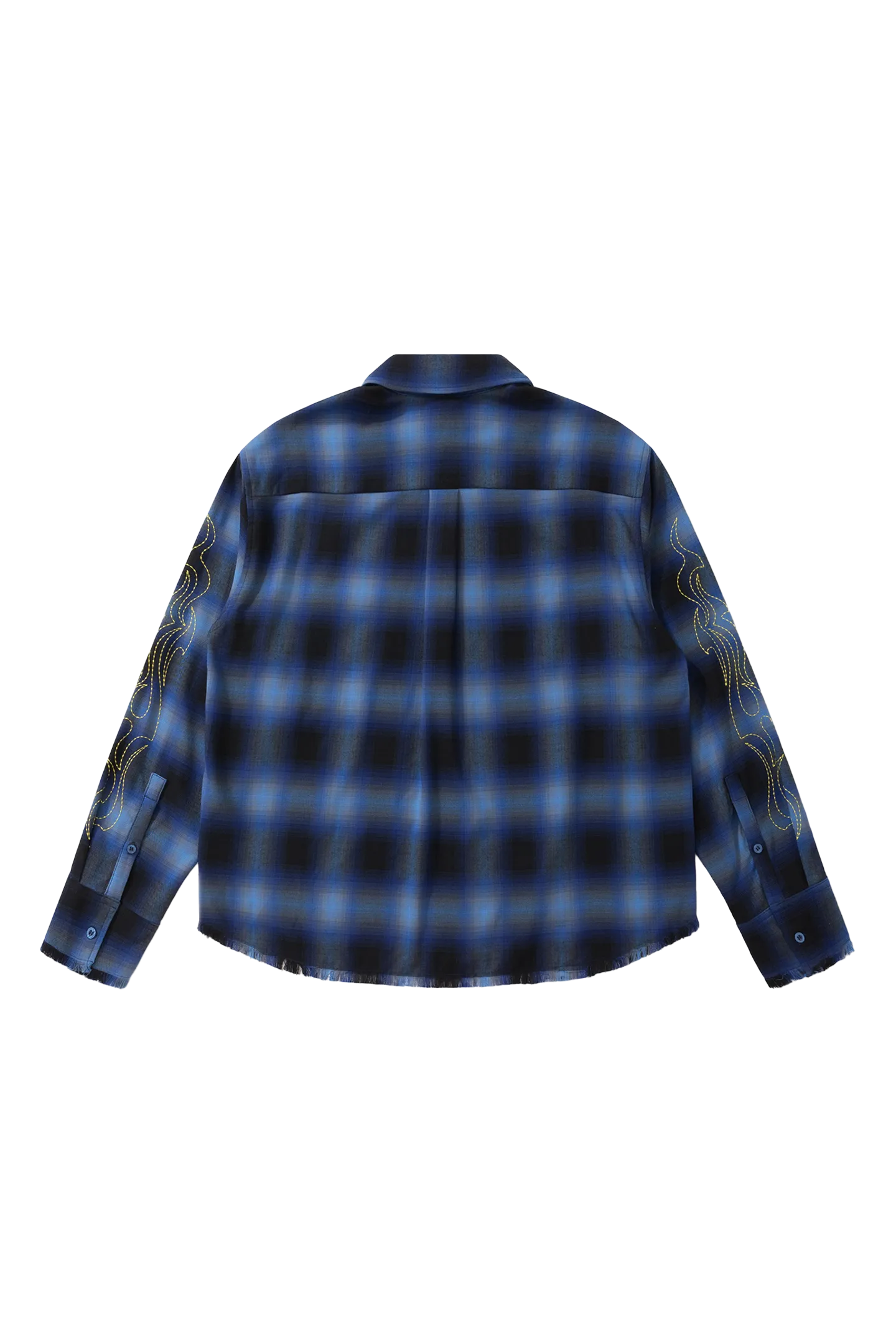 BURNIN* “97’series” raw edge destroyed plaid embroidered shirt