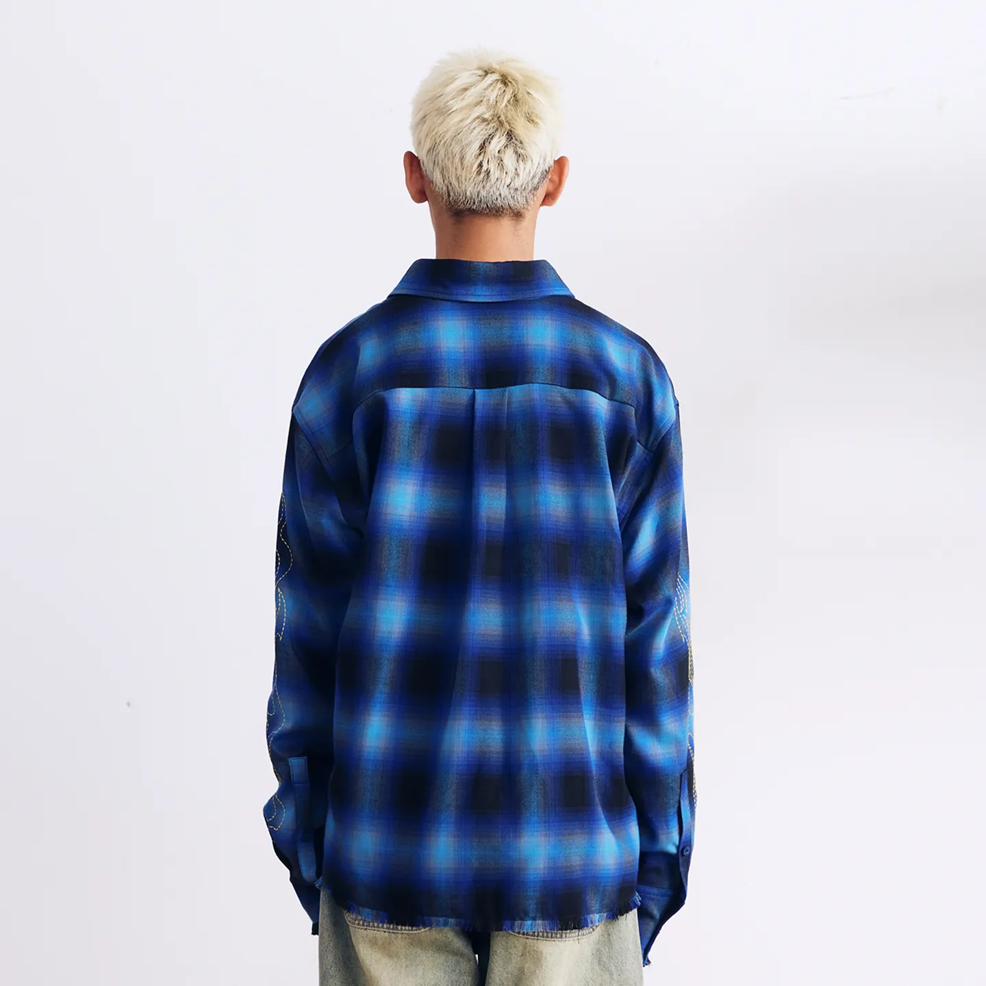 BURNIN* “97’series” raw edge destroyed plaid embroidered shirt