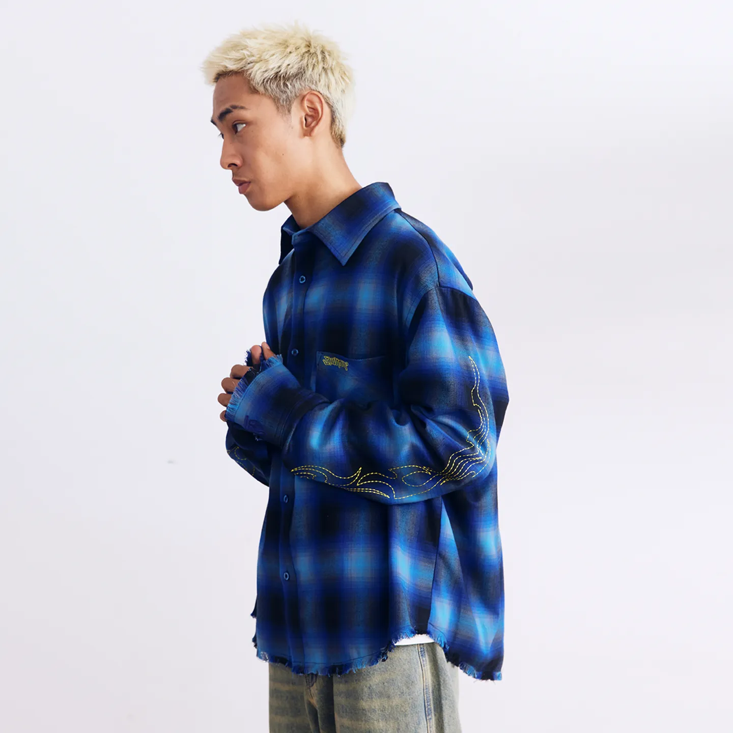 BURNIN* “97’series” raw edge destroyed plaid embroidered shirt