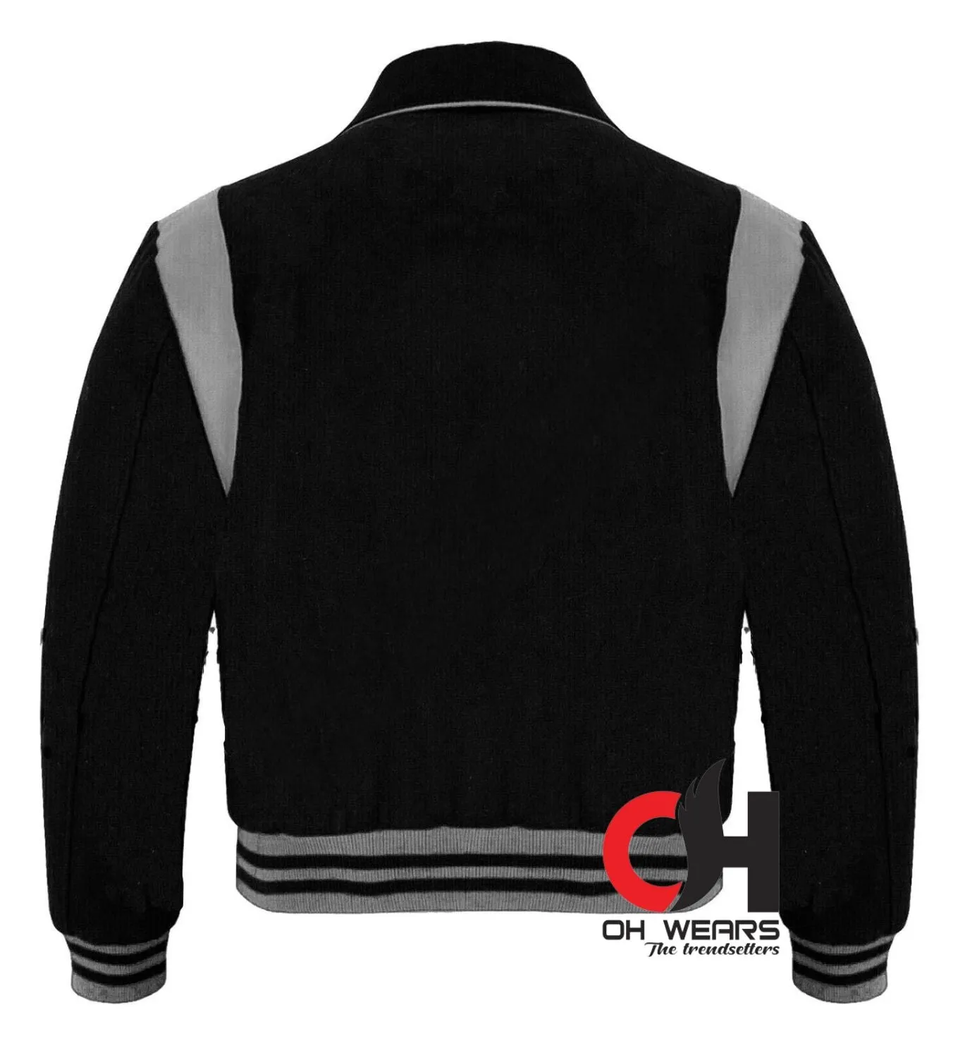 Byron Collar Black Woolen Gray Leather Stripes Varsity Jacket