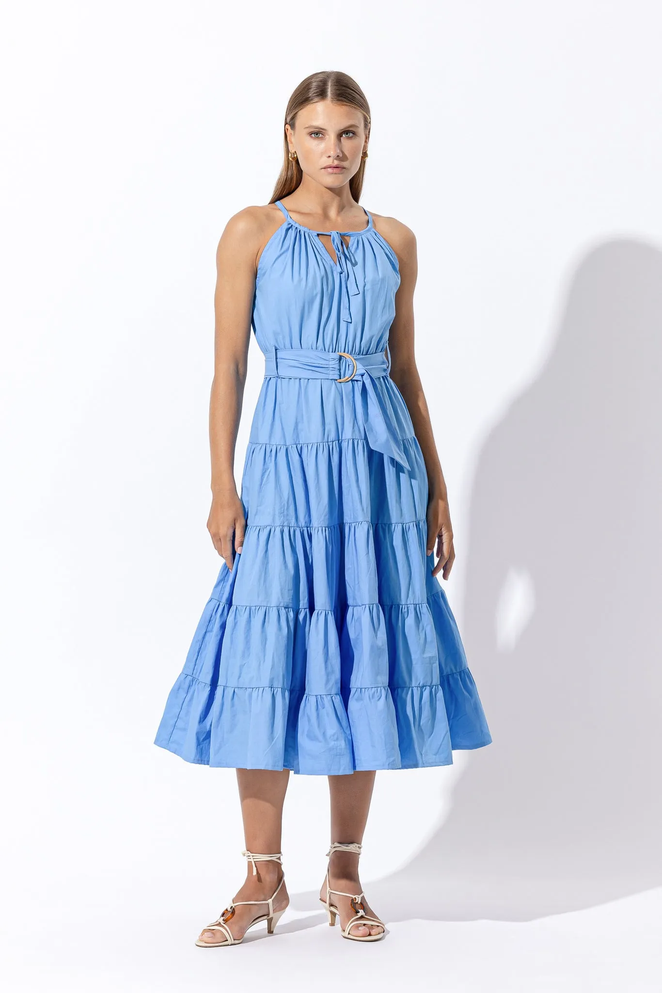 Carmen Belted Poplin Midi Dress - Blue